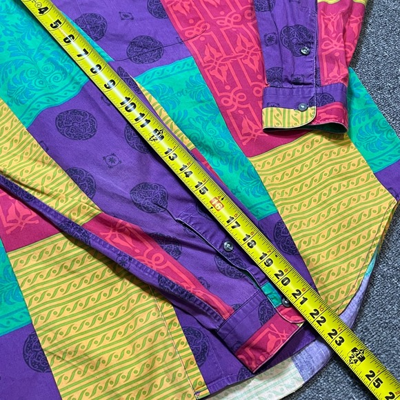 Vintage Perry Ellis Shirt Large Multicolor Patchwork Design Grandad Collar 90s - Picture 6 of 9